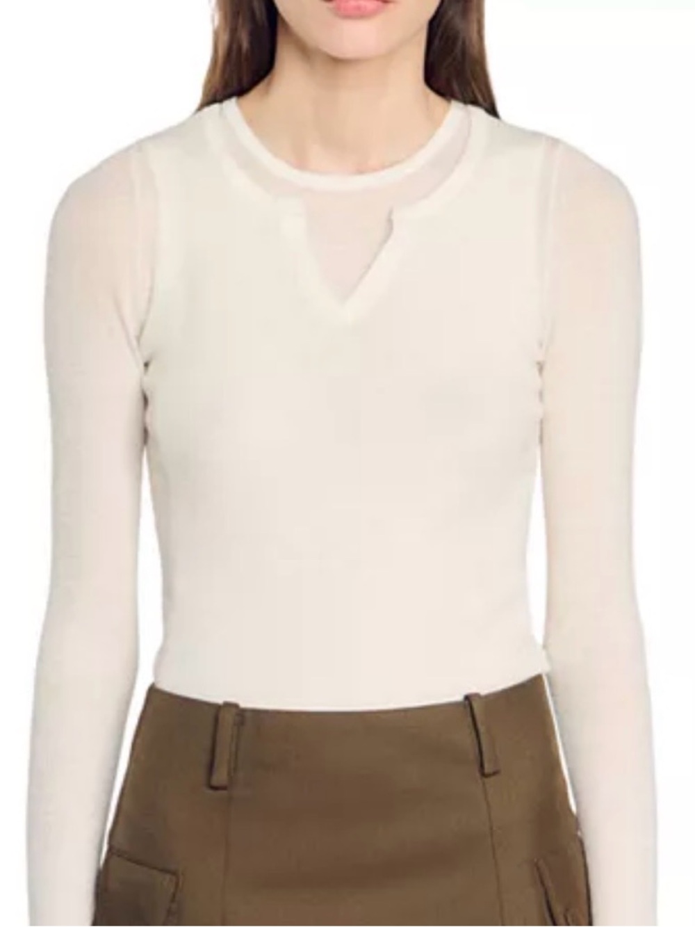 Sandro 100% wool Cream V-Notch Ribbed Long-Sleeve Sweater